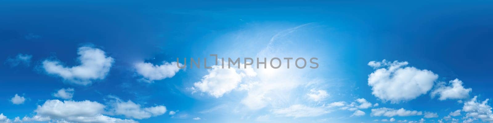 Blue summer sky panorama with light Cirrus clouds. HDR 360 seamless spherical panorama. Full zenith or sky dome for 3D visualization, sky replacement for aerial drone panoramas. by panophotograph