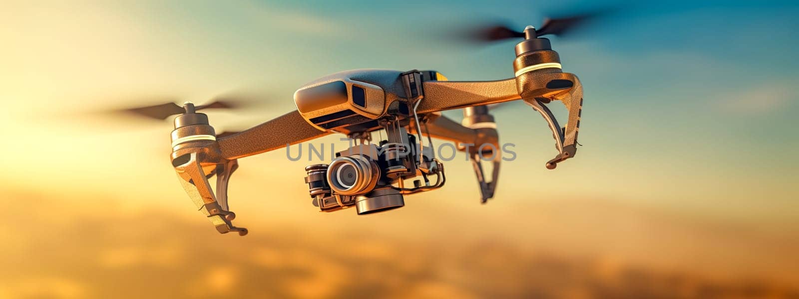 drone in the sky at sunset, photorealistic, banner with copy space, made with Generative AI by Edophoto