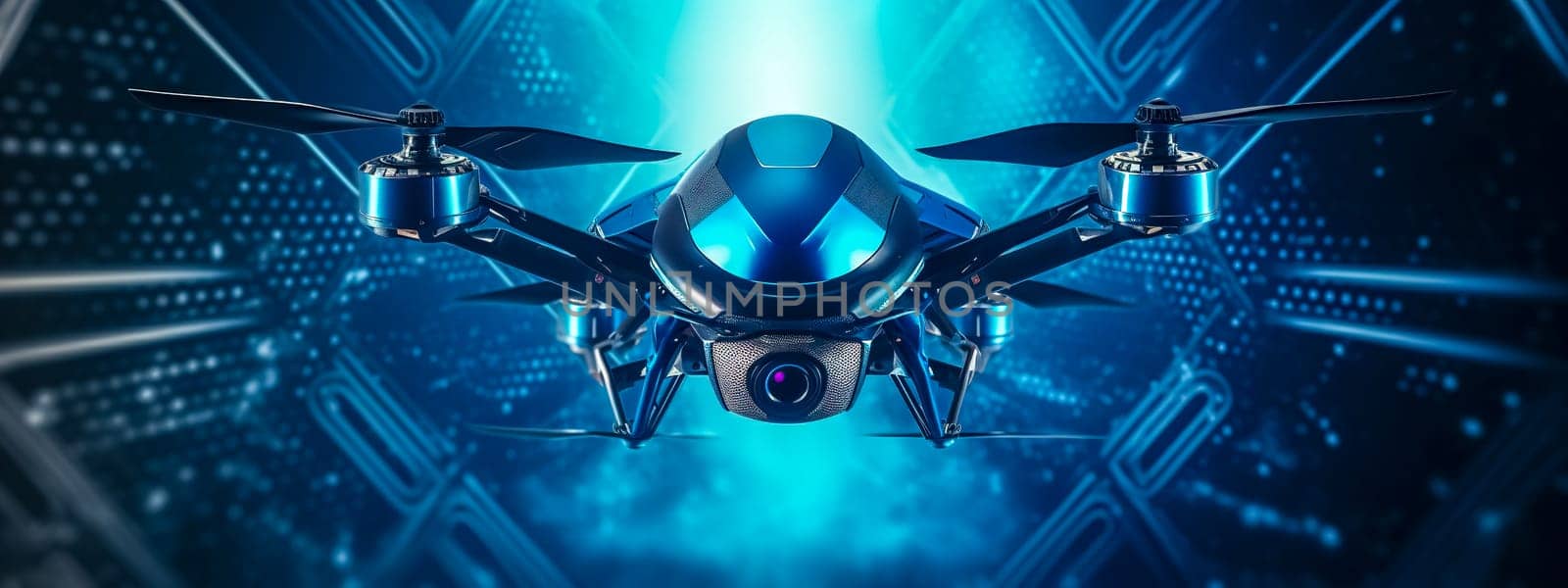 futuristic drone in cyber space, photorealistic, banner with copy space, made with Generative AI. High quality illustration