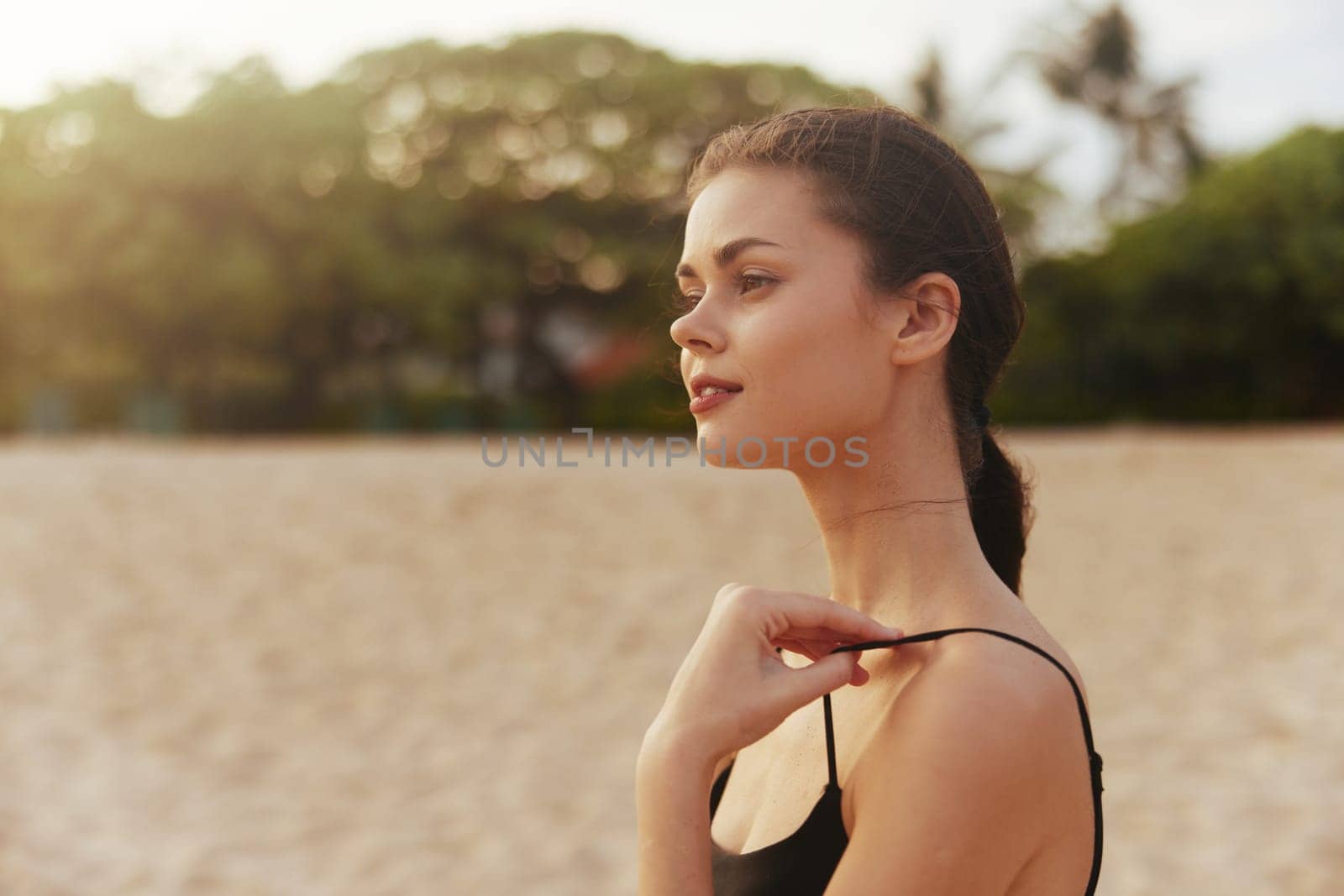 woman summer sand outdoor coast adult sea happiness running smile ocean sunset beach space sky relax vacation holiday carefree freedom copy lifestyle