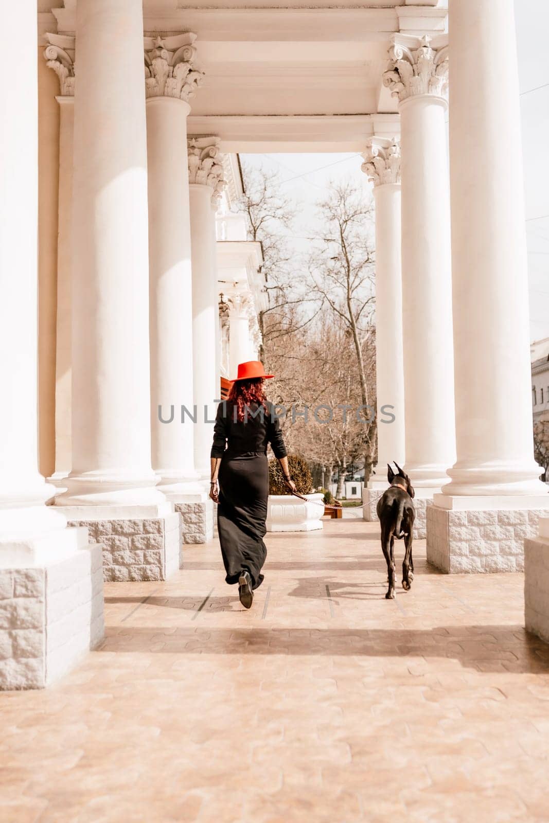 A photo of a woman and her Great Dane walking through a town, taking in the sights and sounds of the urban environment.