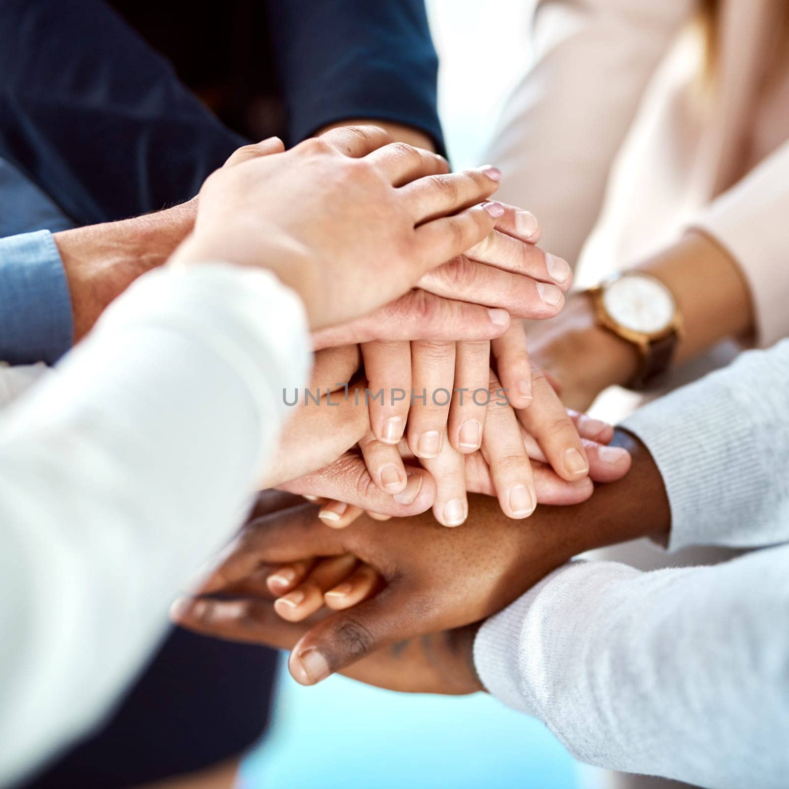 Team building, support or hands of business people in stack for, partnership, support or community mission. Trust, motivation or closeup of corporate group of workers with goals or target in meeting.