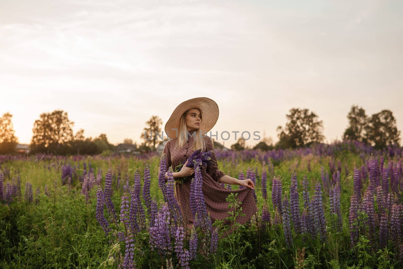 A beautiful woman in a straw hat walks in a field with purple flowers. A walk in nature in the lupin field by Annu1tochka