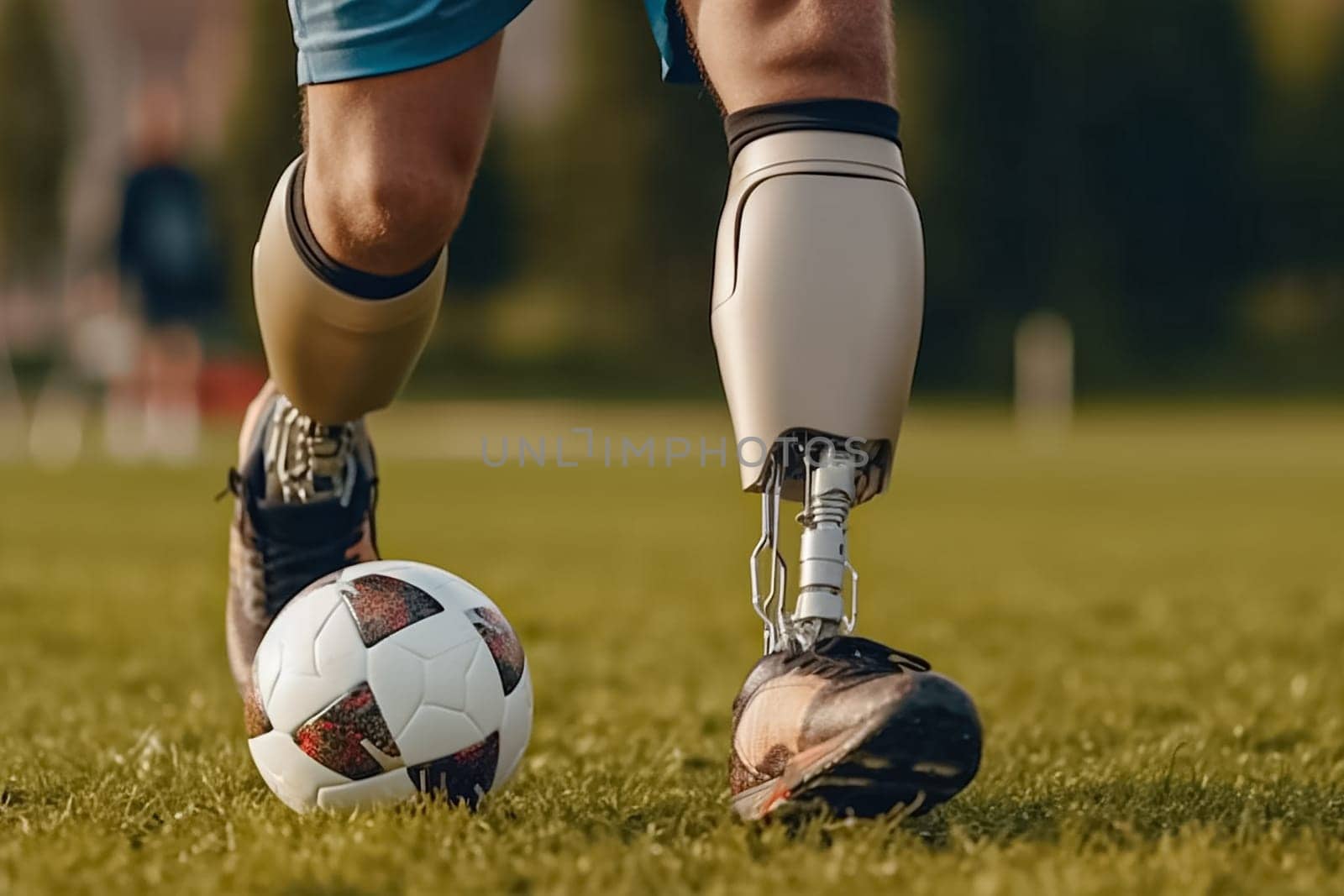 A man on prosthetic legs running and playing football on sports field. A man on prosthetic legs doing sport. Inclusiveness of society for disabled children and war veterans.
