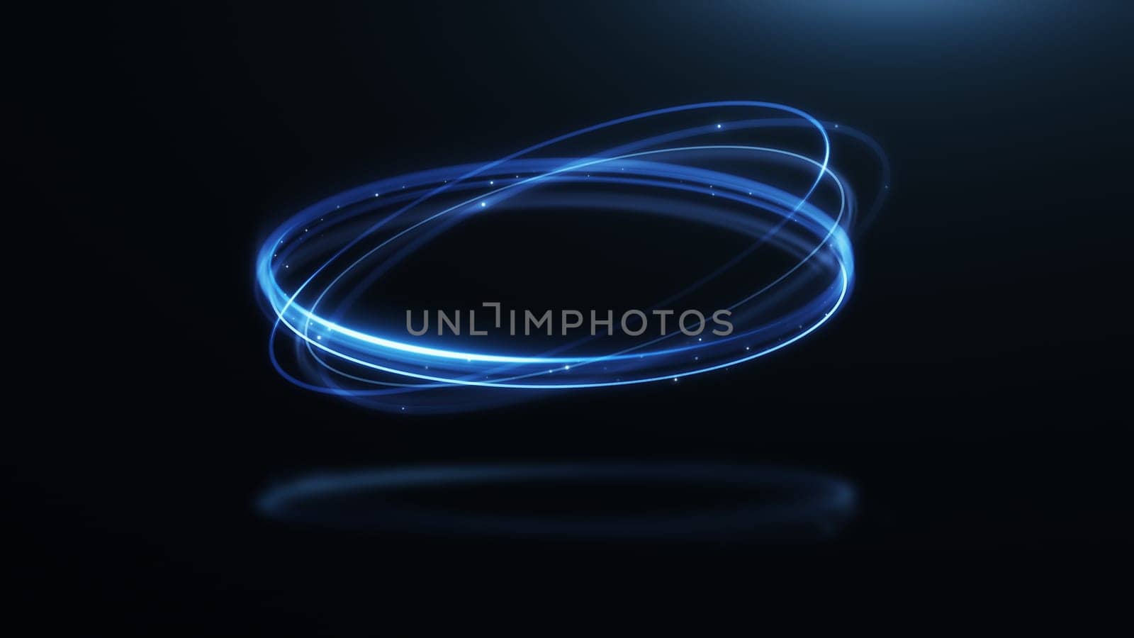 3d render circular neon blue light with glitter particles on black background in 4k