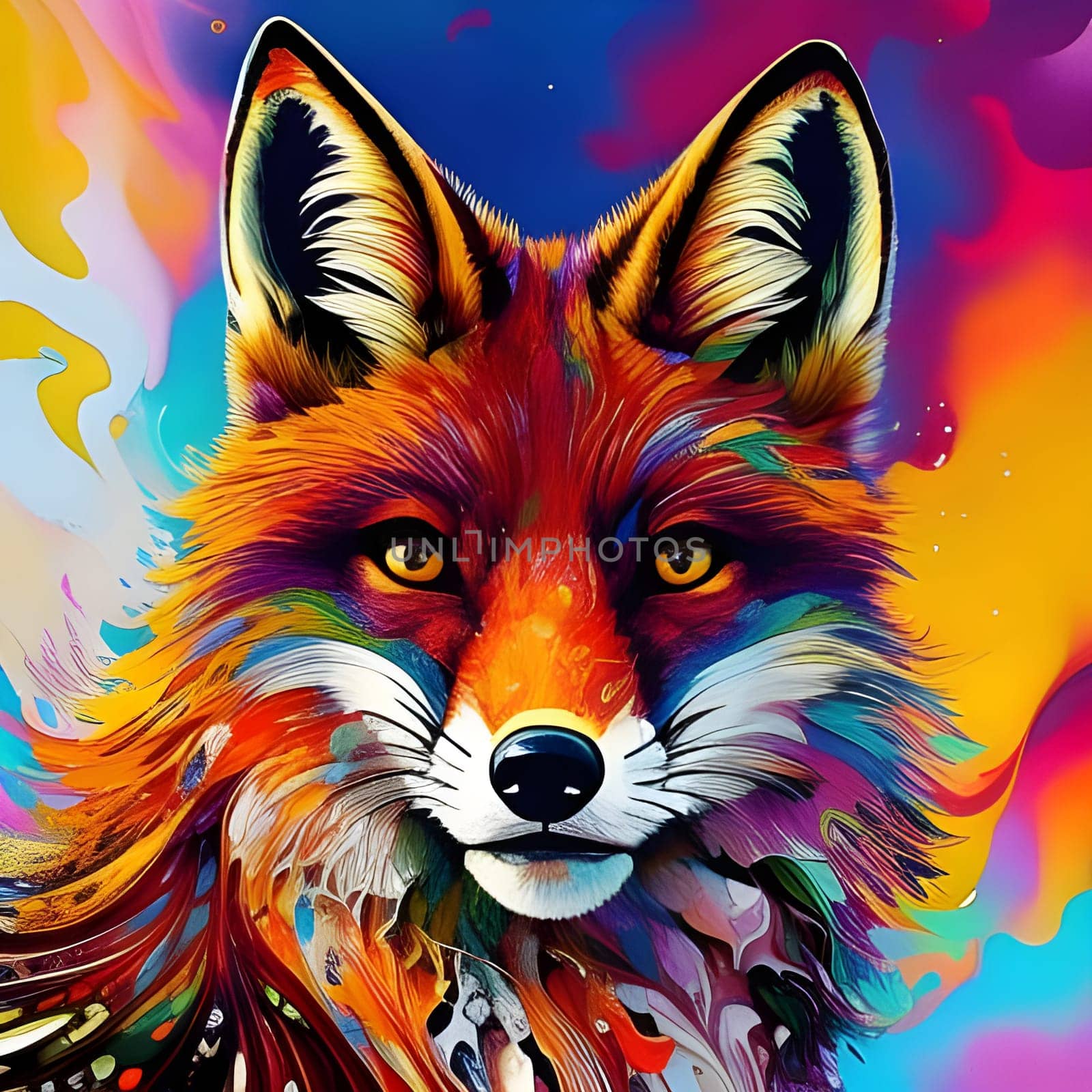 Colorful portrait of a fox. Splashing colors. Generative AI.