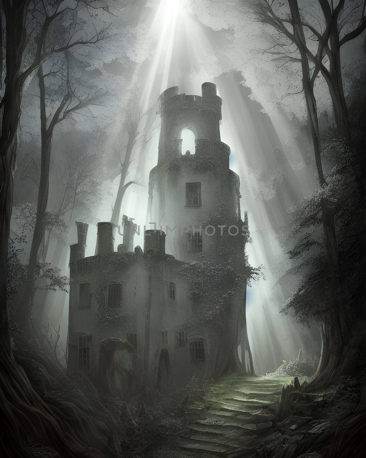 Dilapidated castle in the forest flooded with moonlight. Generative AI