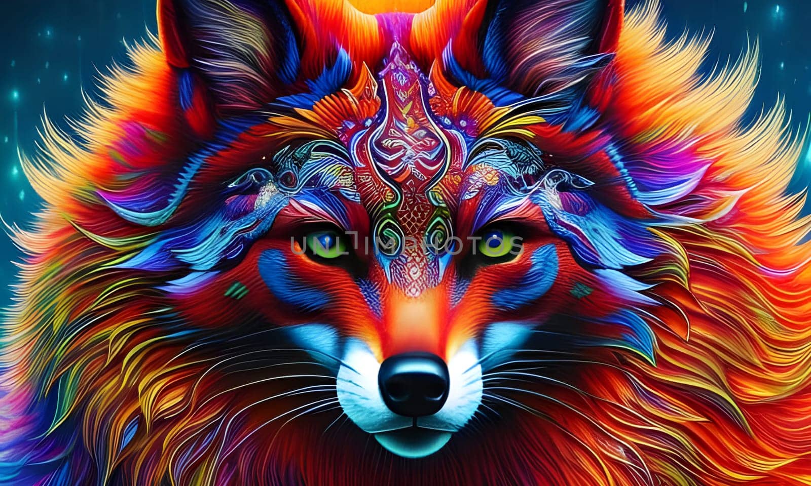 Decorated fox with green eyes. Colorful fox portrait. Generative AI.