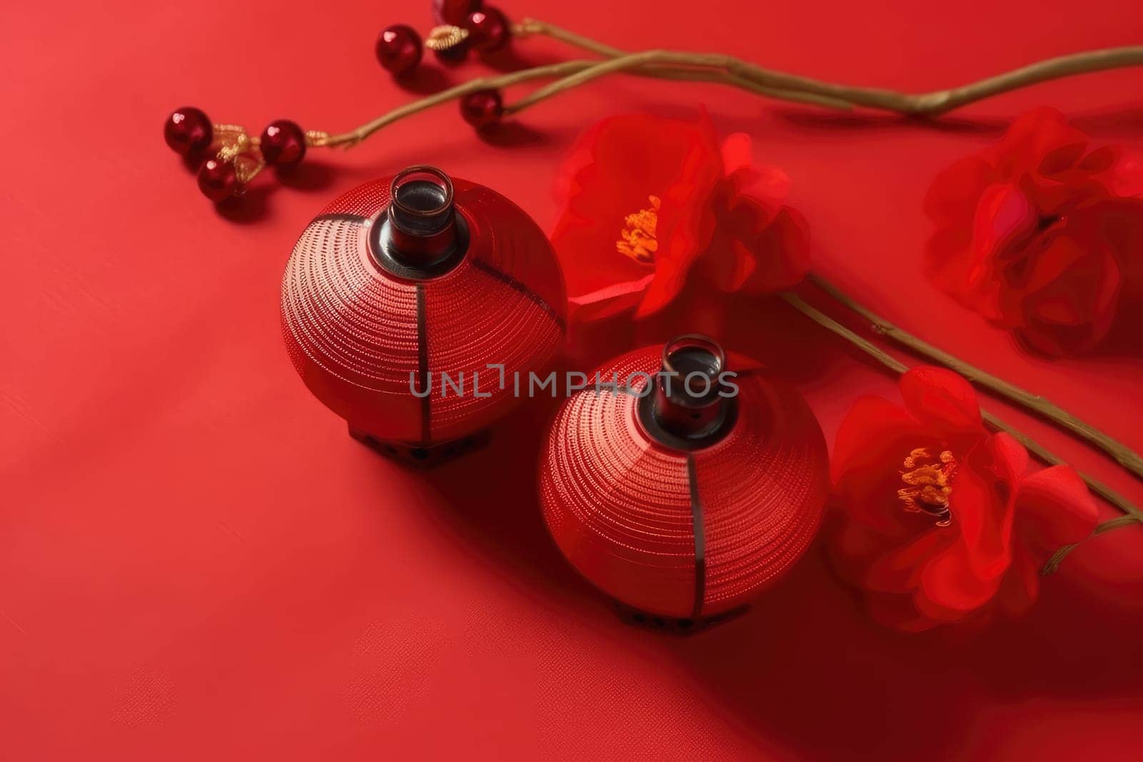 two red chinese traditional lanterns on red background, AI Generated. Chinese lunar new year