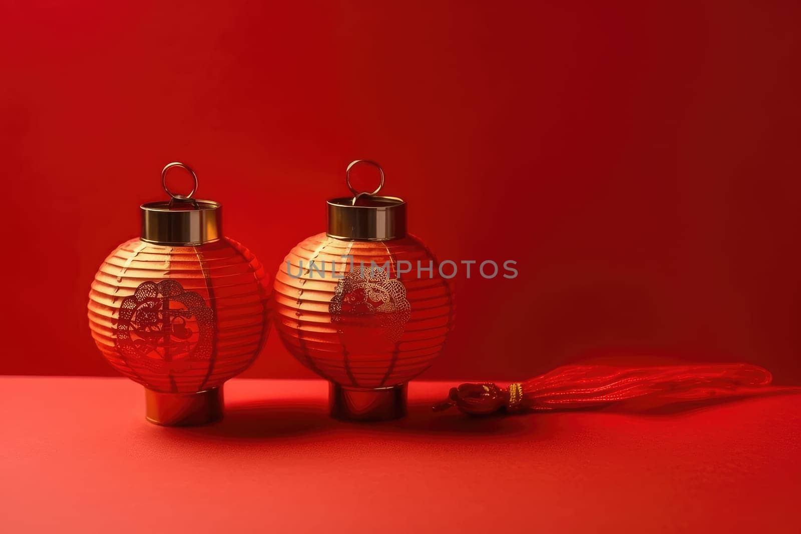 two red chinese traditional lanterns on red background, AI Generated. Chinese lunar new year