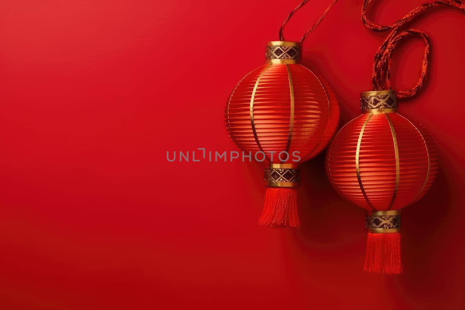 two red chinese traditional lanterns on red background, AI Generated. Chinese lunar new year