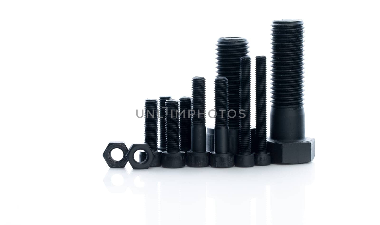 Black bolts and nuts isolated on white background. Industrial fasteners. Hardware tools. Stud bolt, hex nuts, and hex head bolts. Threaded fastener use in automotive engineering. Metal fasteners. by Fahroni