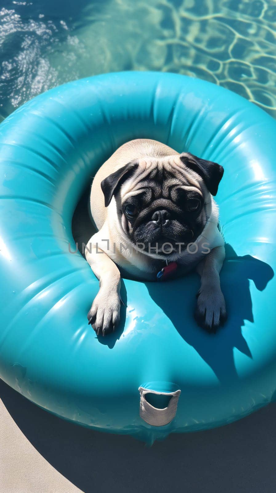 The pug dog is floating on an inflatable ring in swimming pool.