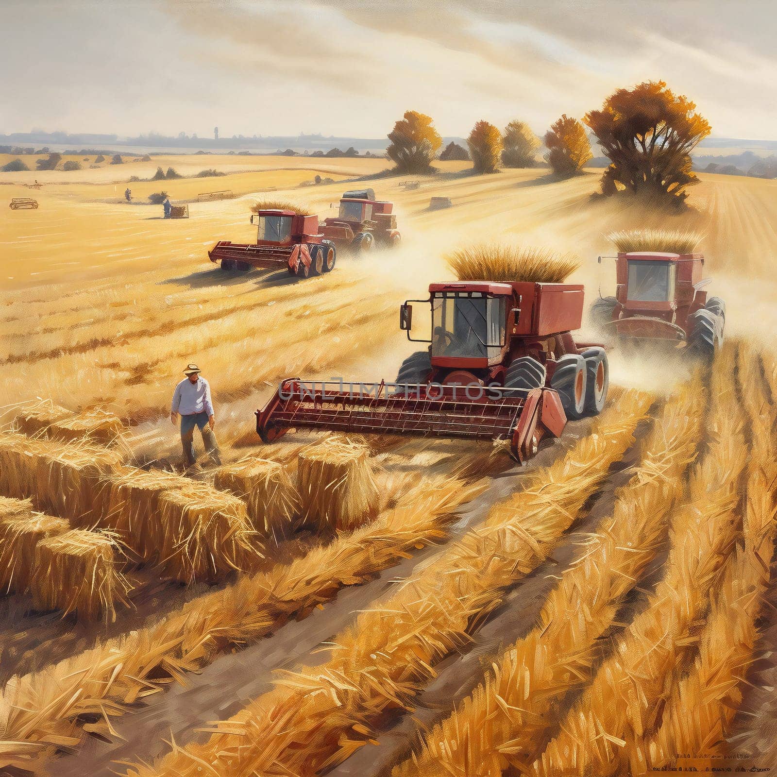 Wheat crop harvest. view of combine harvester at work during harvest time. Agriculture background.
