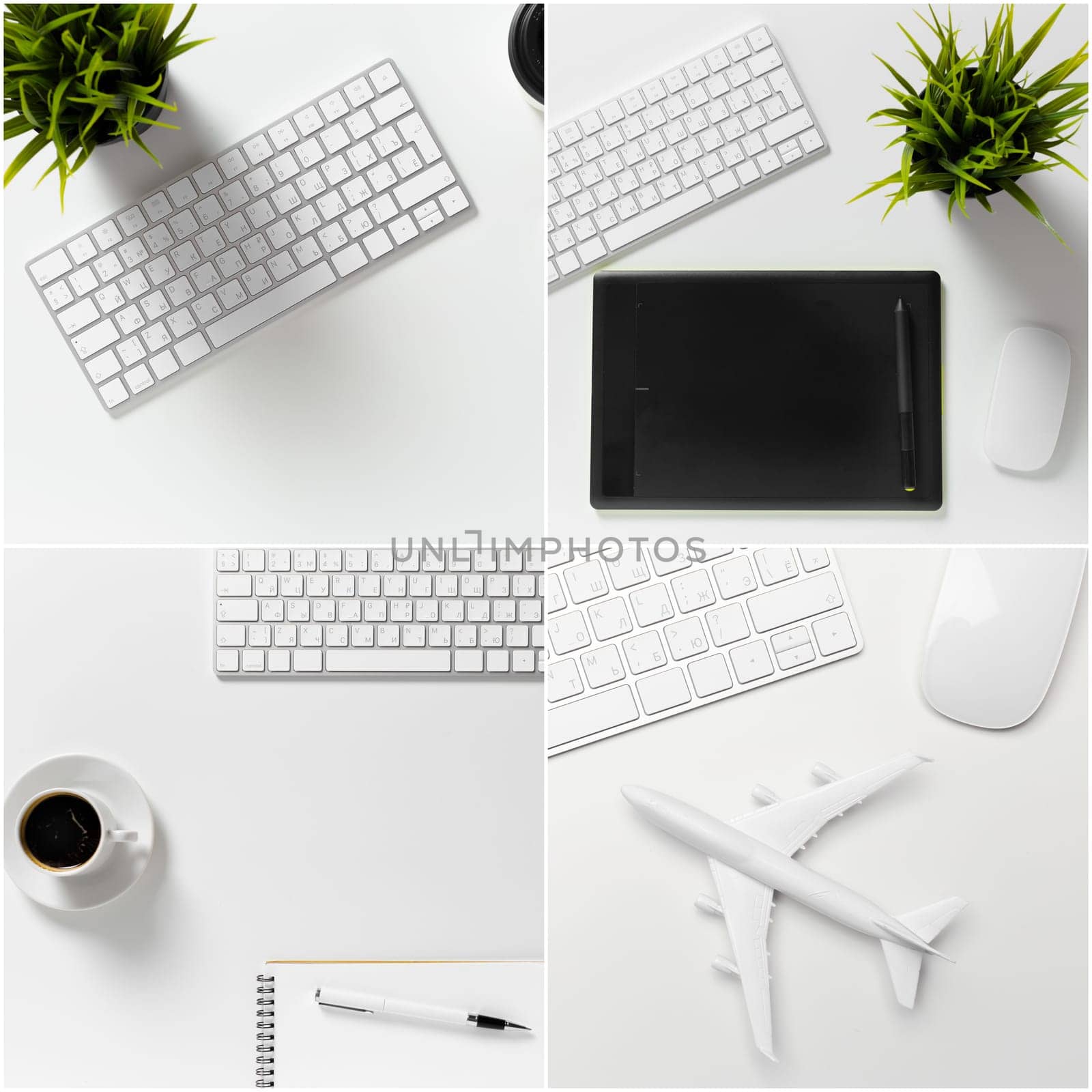 Office desk table with computer, supplies and coffee cup by Fabrikasimf