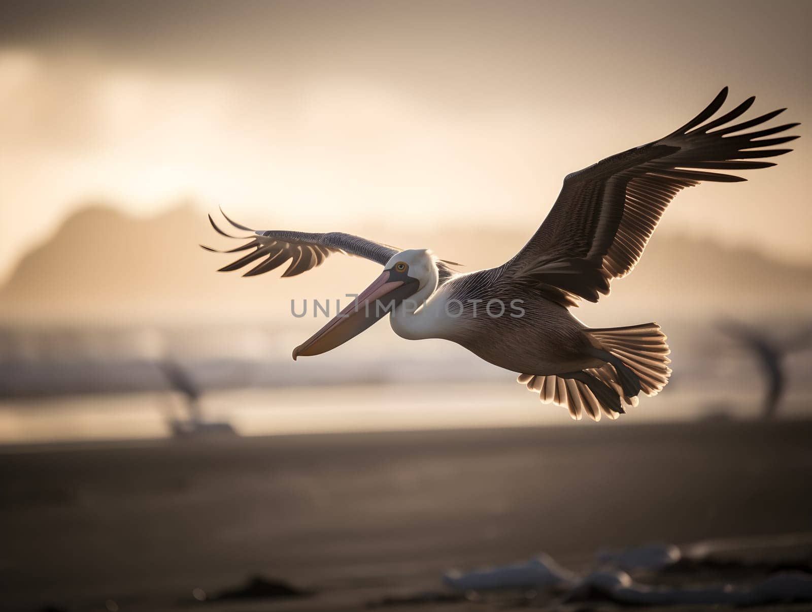 Pelican bird flying above landwith wings wide open