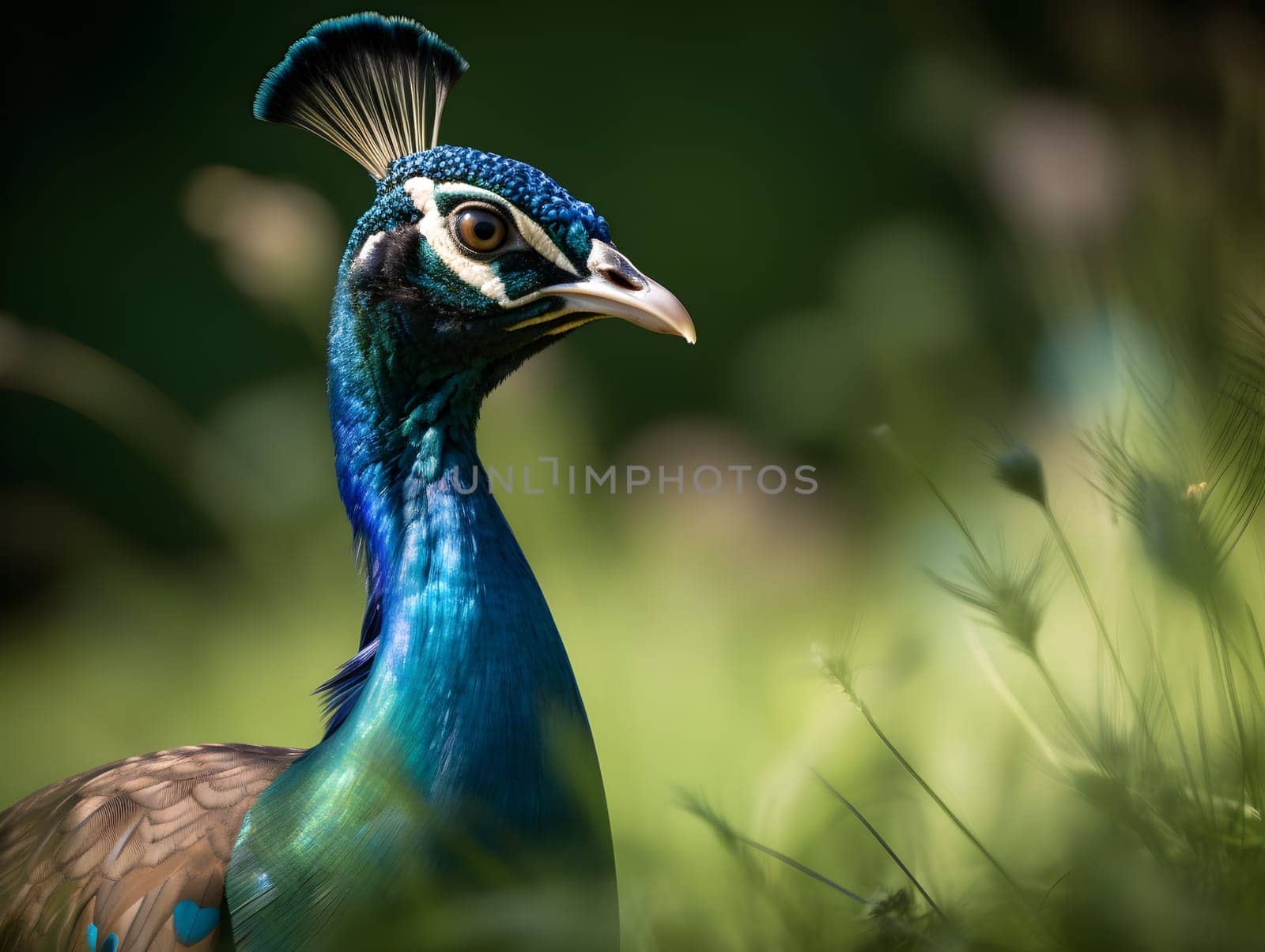 Closed up picture of blue majestic peacock in the nature resting