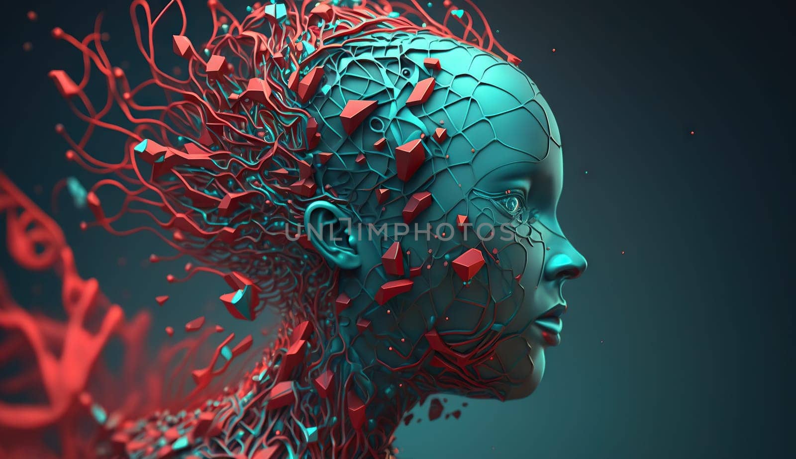 head of a female-looking robot connected to an electronic device - Generative AI - AI Generated by chrisroll