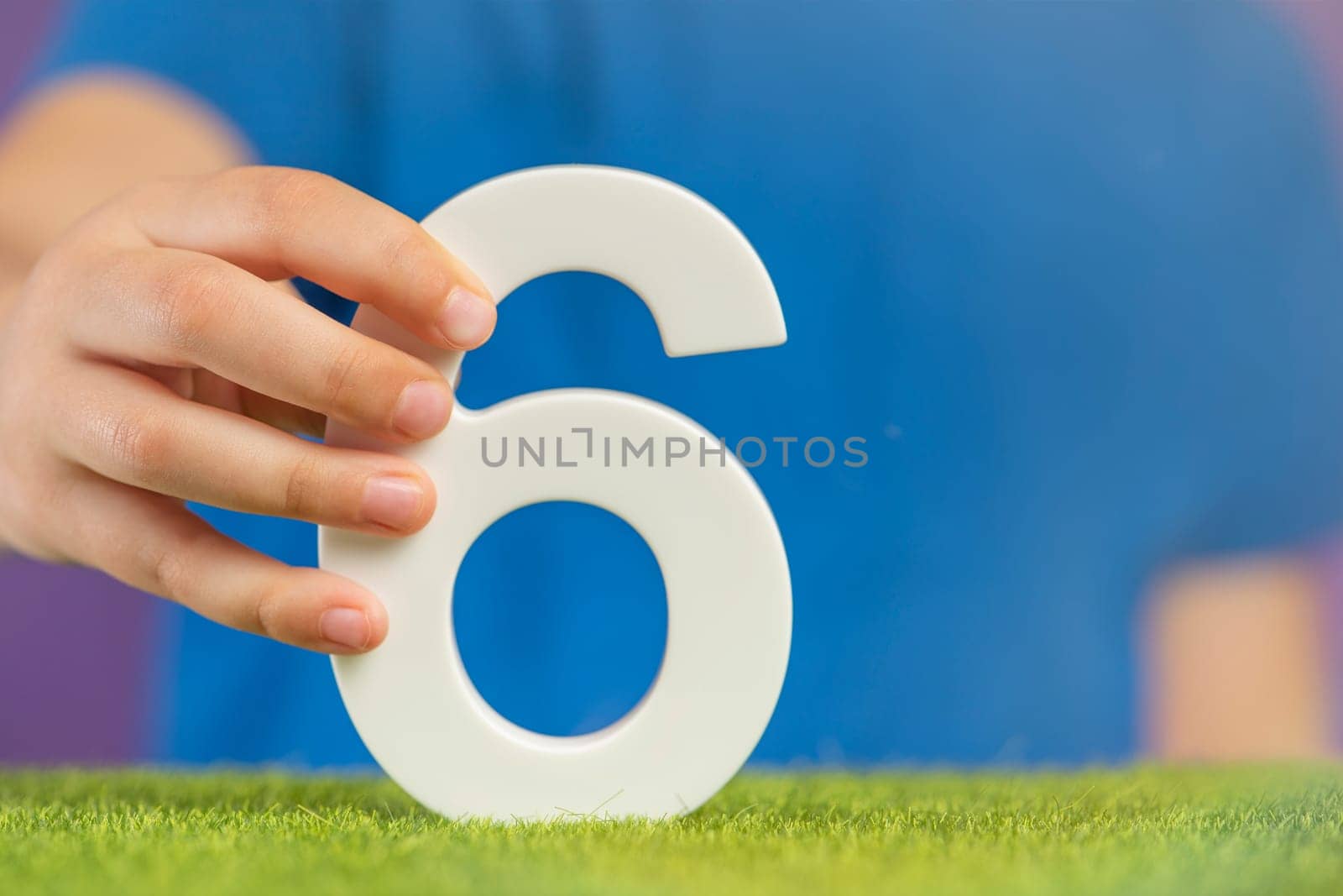 Number 6 in hand. A hand holds a white number six on green grass and a purple background, six percent per annum. Swedish Constitution Day. July 6th. by SERSOL