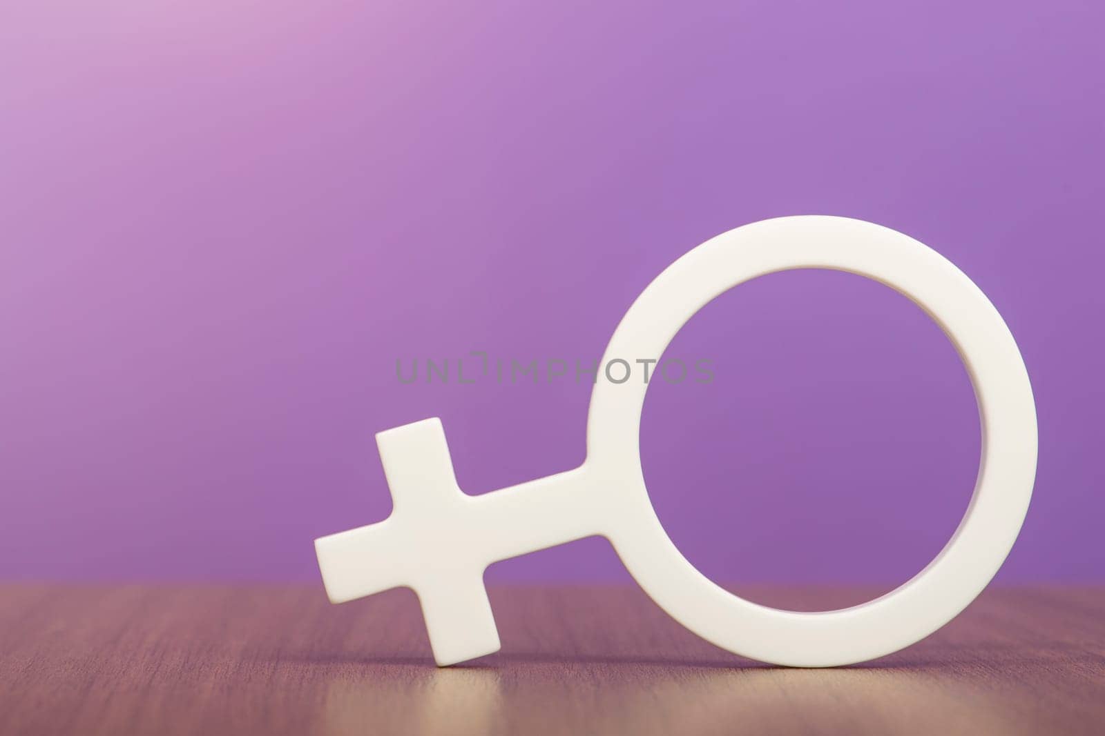 Gender symbol of a woman. Woman symbol on purple background with copy space. The concept of a woman leader or gender equality. by SERSOL