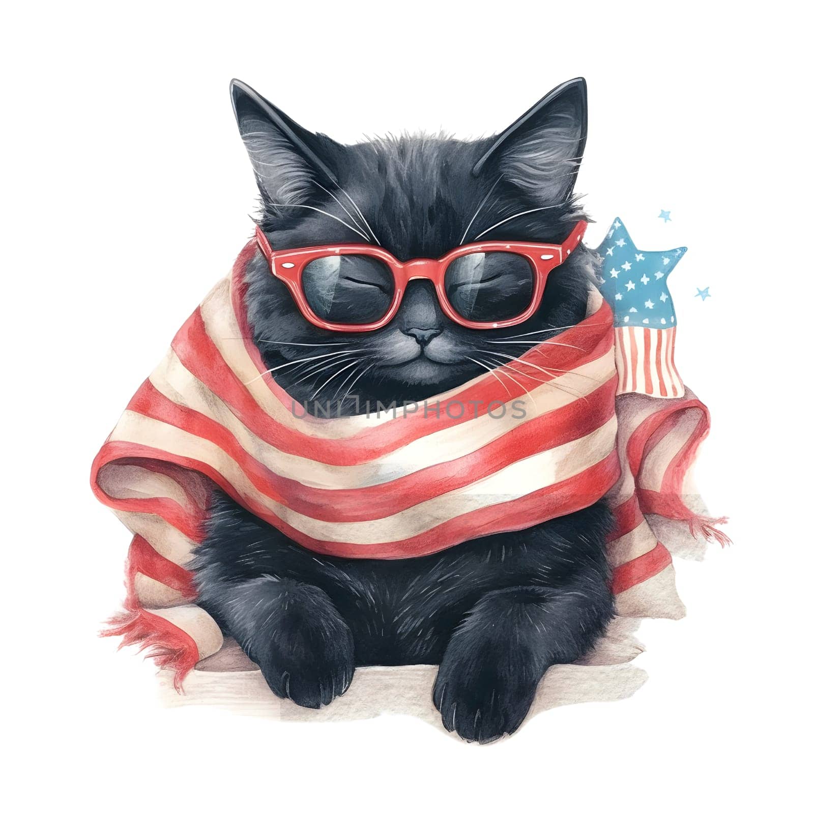 Watercolor 4th of July Patriotic Black Cat Illustration Clipart by Skyecreativestudio