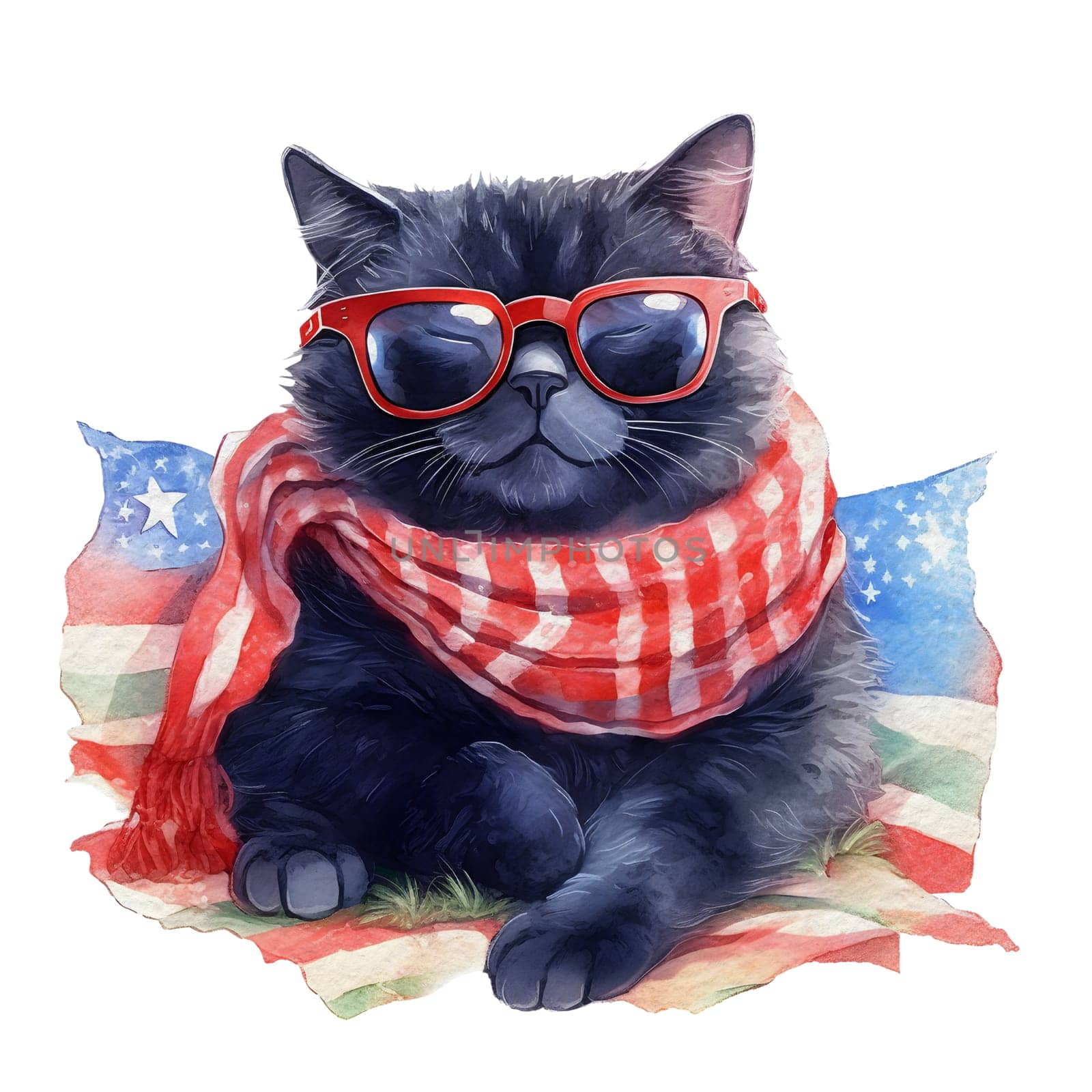 Watercolor 4th of July Patriotic Black Cat Illustration Clipart by Skyecreativestudio