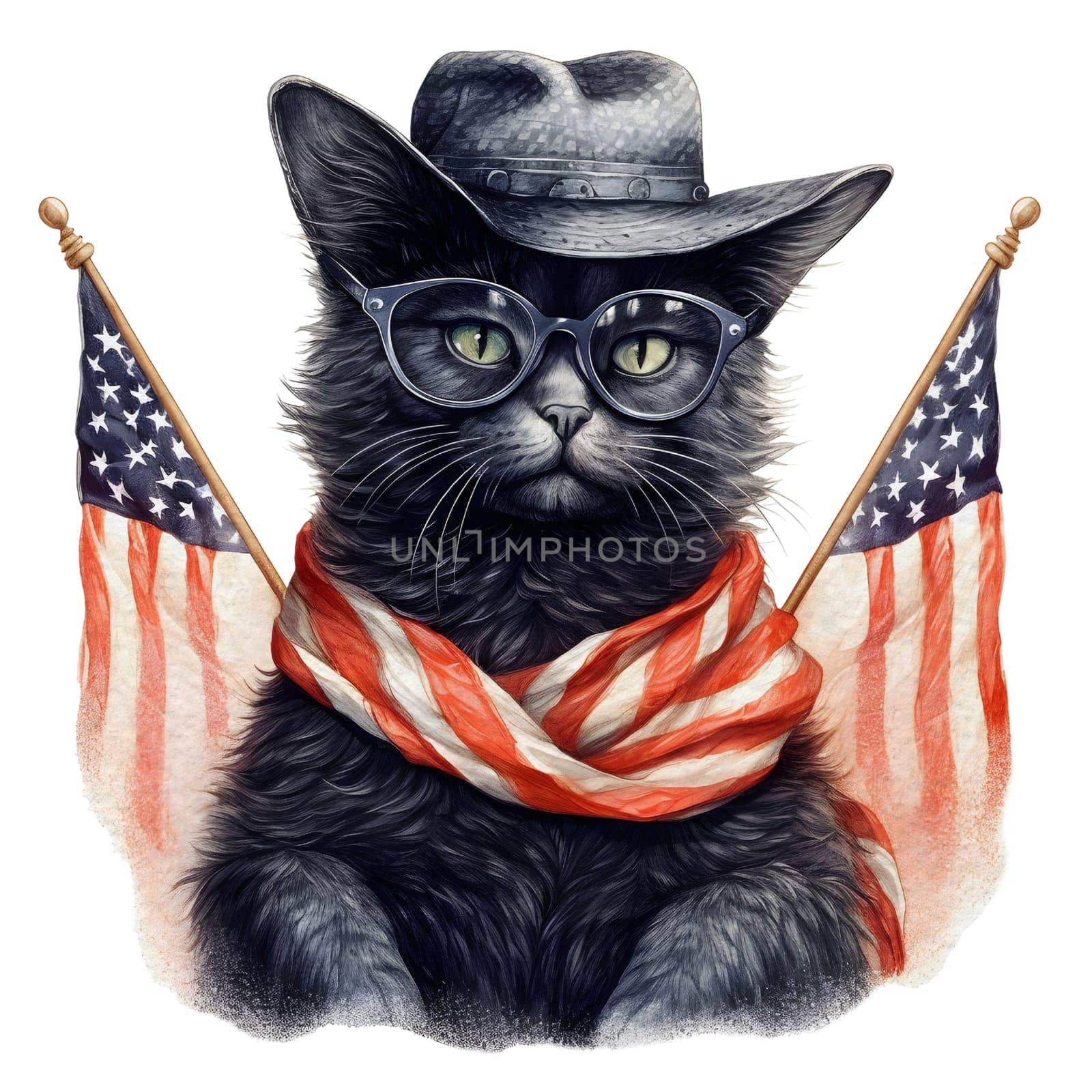 Watercolor 4th of July Patriotic Black Cat Illustration Clipart by Skyecreativestudio