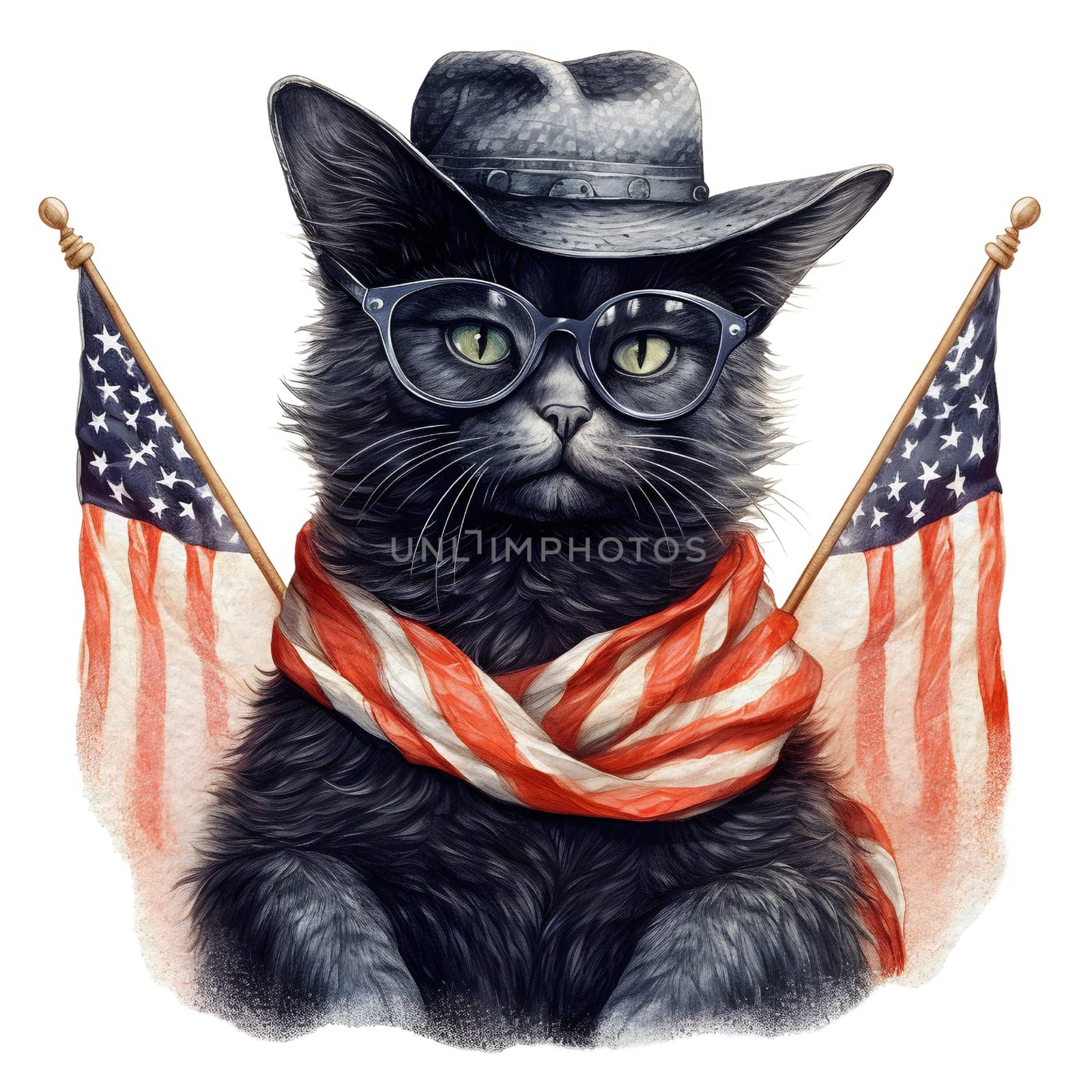 Watercolor 4th of July Patriotic Black Cat Illustration Clipart.
Isolated fourth of July black cat on white background for Independence Day sublimation design.