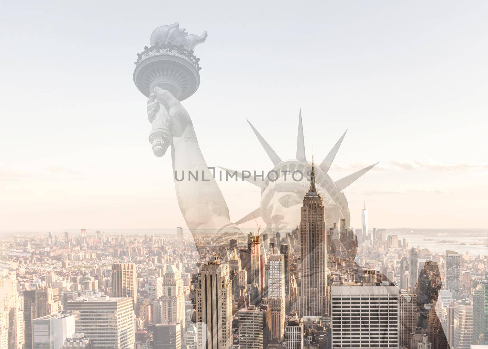 Double exposure new york city cityscape skyline with statue of liberty
