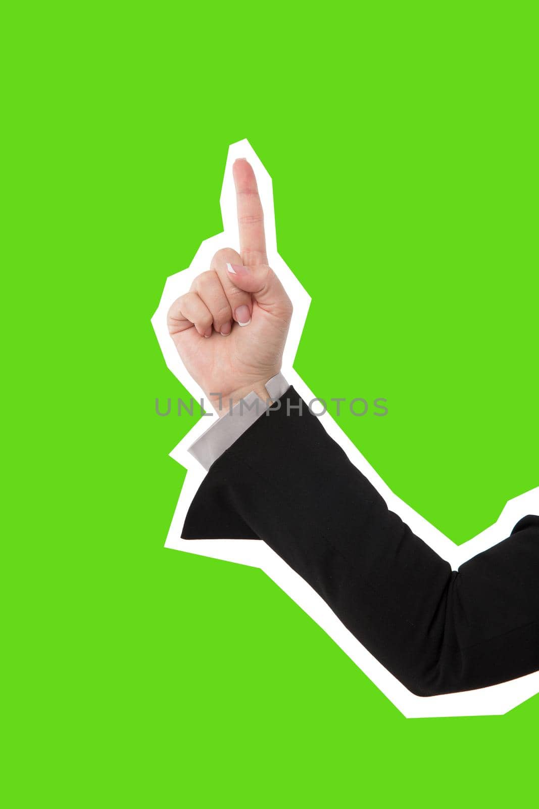 Business woman pointing at copyspace, isolated magazine style