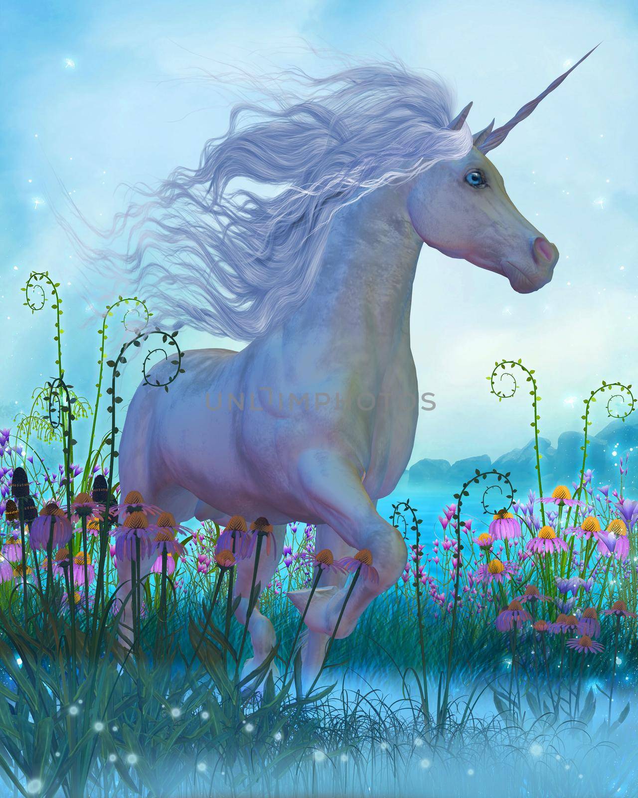 A white Unicorn stallion walks through a garden full of flowers and plants.