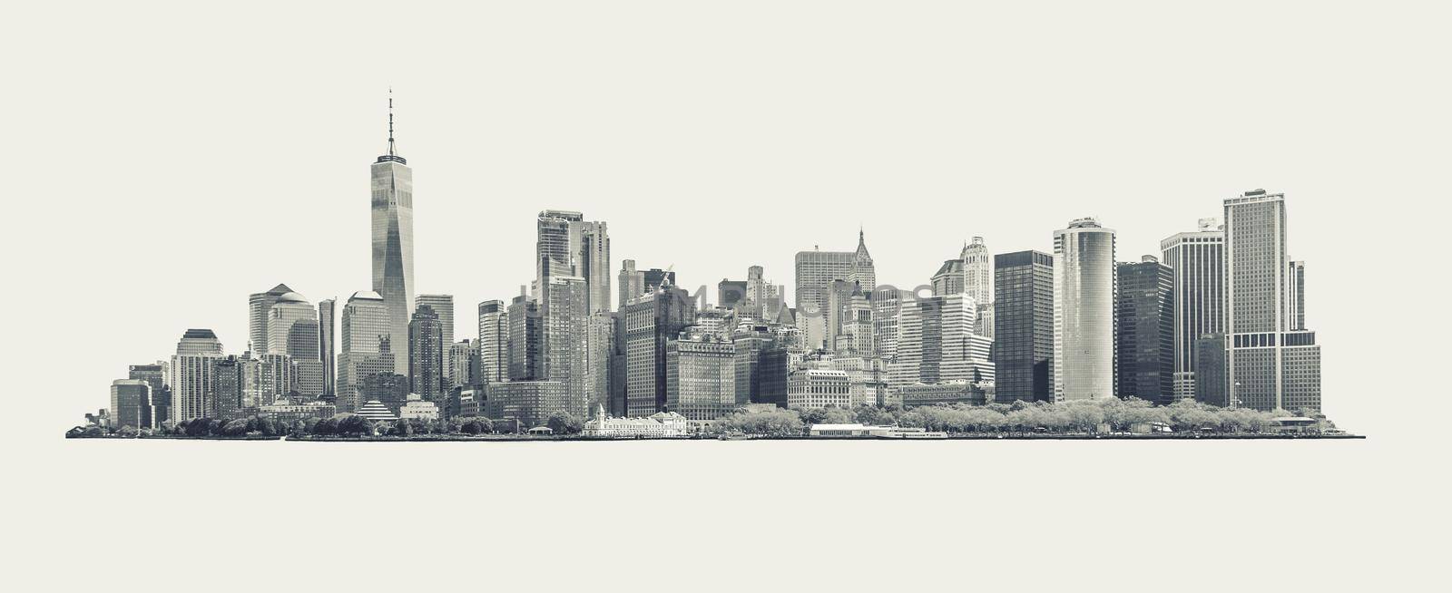 Skyline panorama of downtown Financial District and the Lower Manhattan in New York City, USA. black and white isolated on background by Mariakray