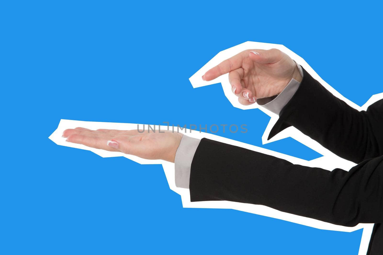 Female hand of business woman pointing at copyspace and another hand, isolated magazine style by Mariakray