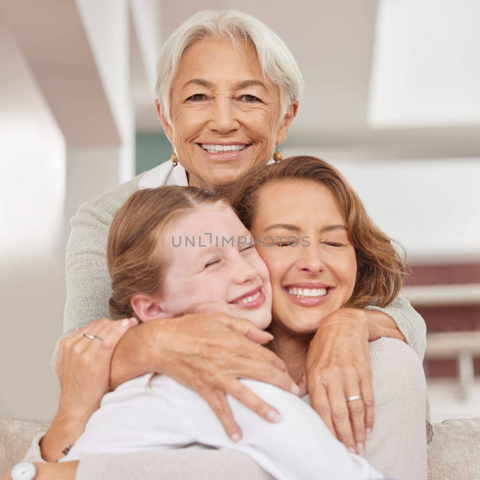 Grandmother, mother and girl with hug, bonding and embrace being loving, smile and happy together at home. Love, grandma and mama with daughter have fun, happiness and spend weekend to connect by YuriArcurs
