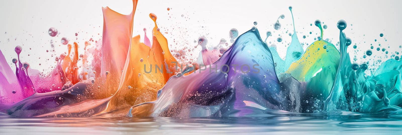 Splash of pink, blue and purple paint in the water. Abstract paint background. Long banner with abstract splashes on white background