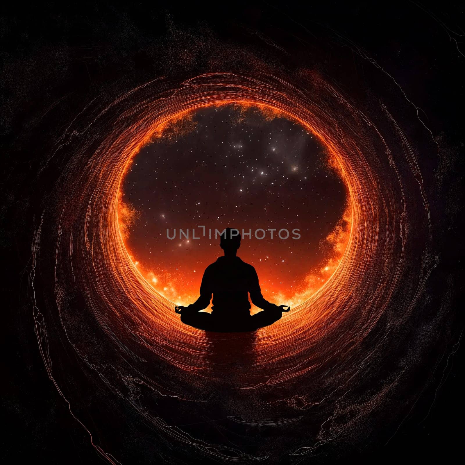 Meditating person silhouette, black hole on background. AI Generative by GoodOlga