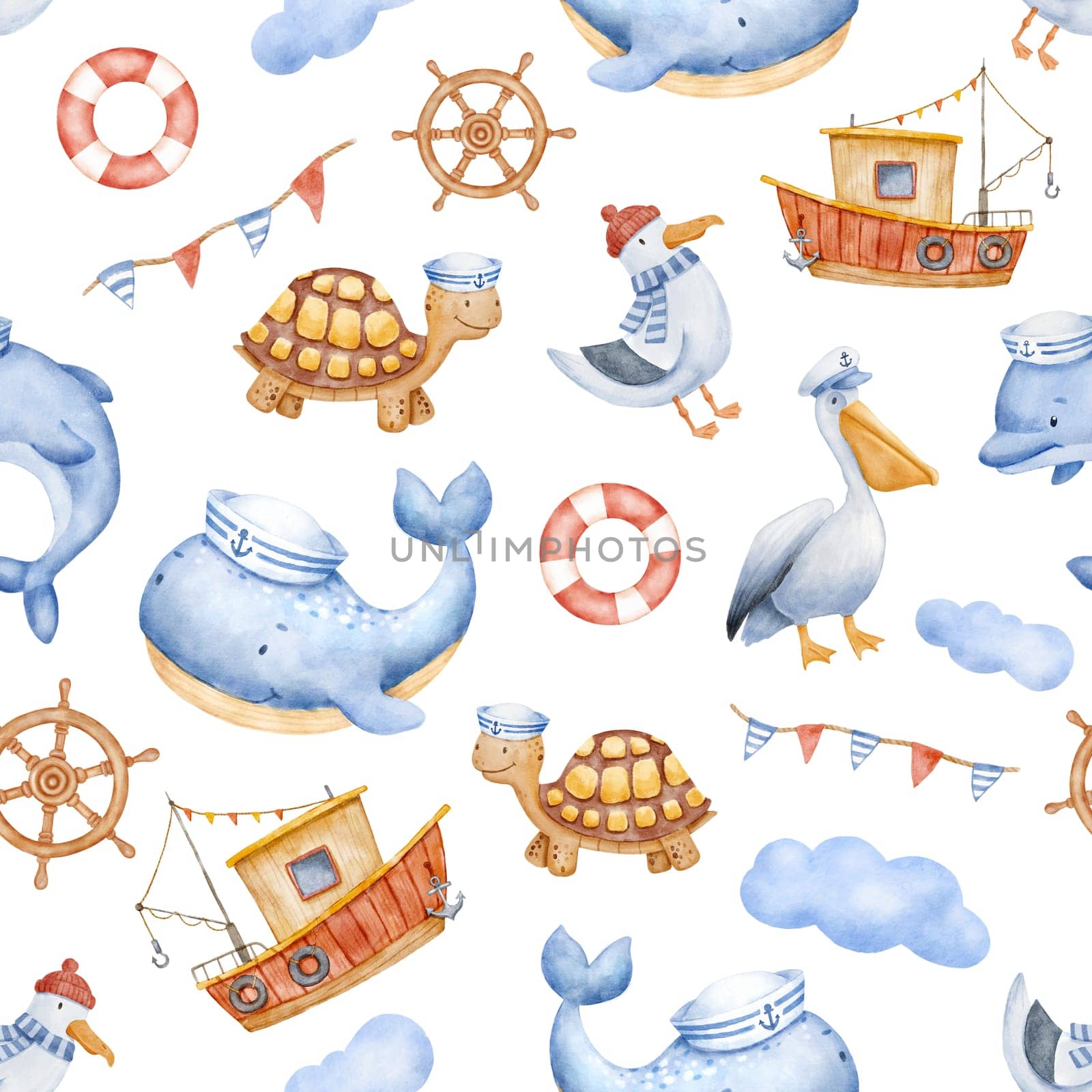 Cute watercolor nautical seamless pattern with sea animals characters and boat. Funny ocean background by ElenaPlatova