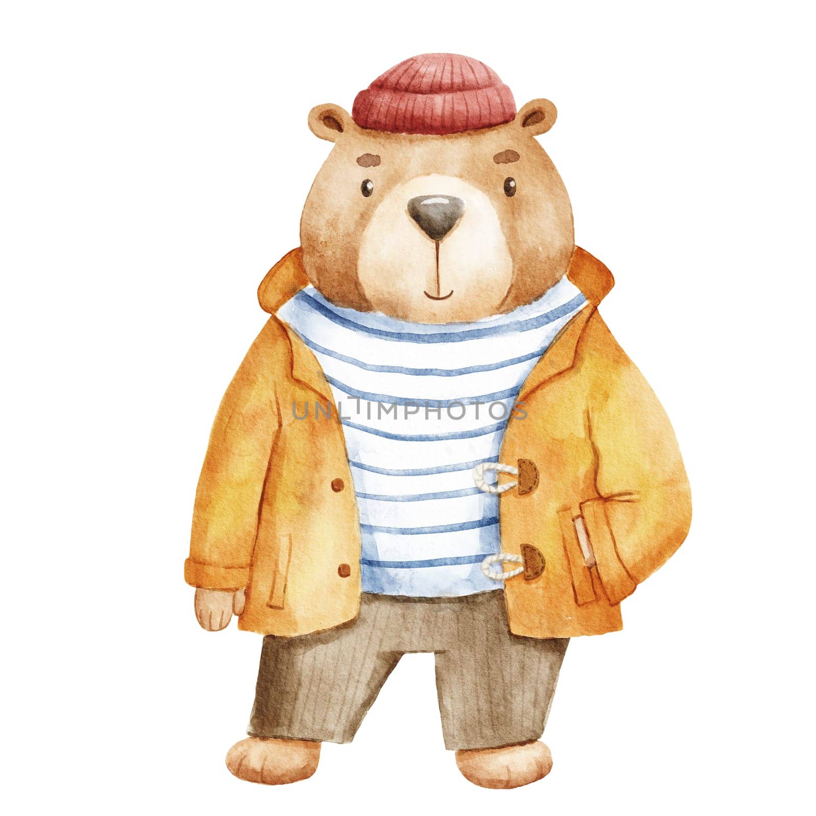 Cute sailor bear dressed in vest, hat and yellow fishing jacket. Funny watercolor illustration of child character isolated on white background