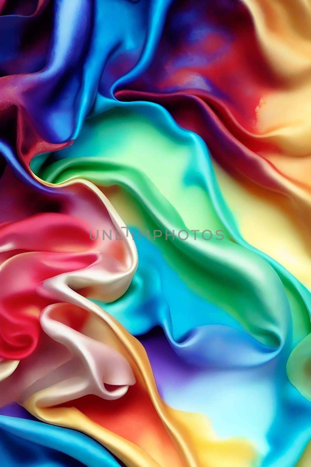 The Silk Fabric Texture in Rainbow Colors with Wavy Satin Folds for Banner, Wallpaper, Poster, Cover. Vertical Background. Generative AI.