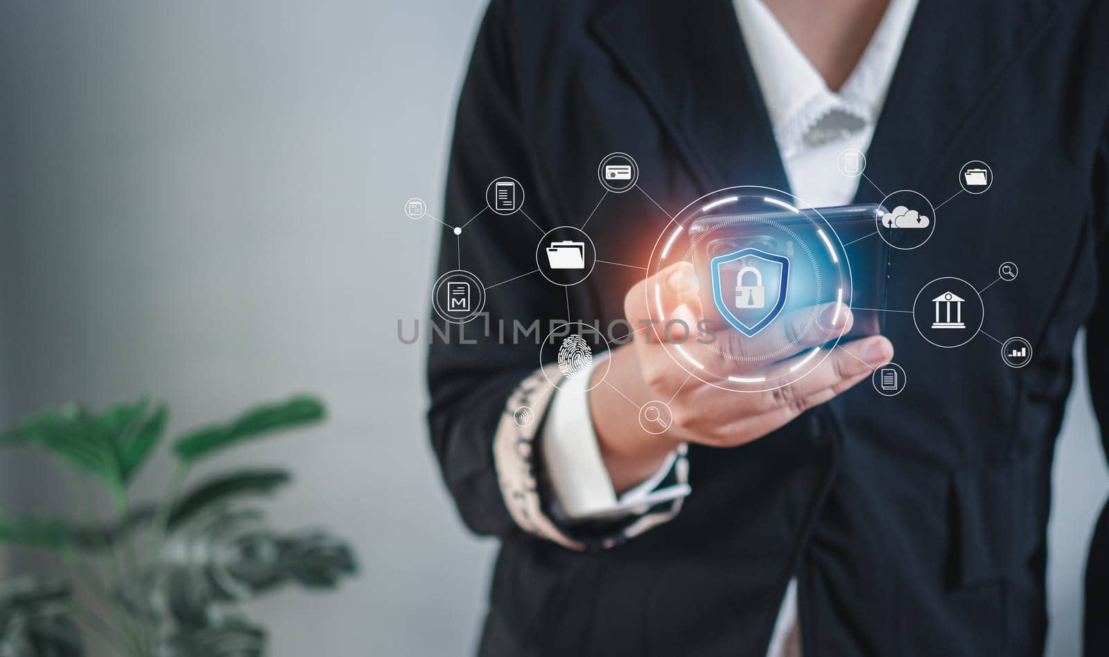 Businesswoman fingers are pressing on the phone screen. Represents protection against external hacks, code protection security concepts, viruses, firmware and malware. by Unimages2527