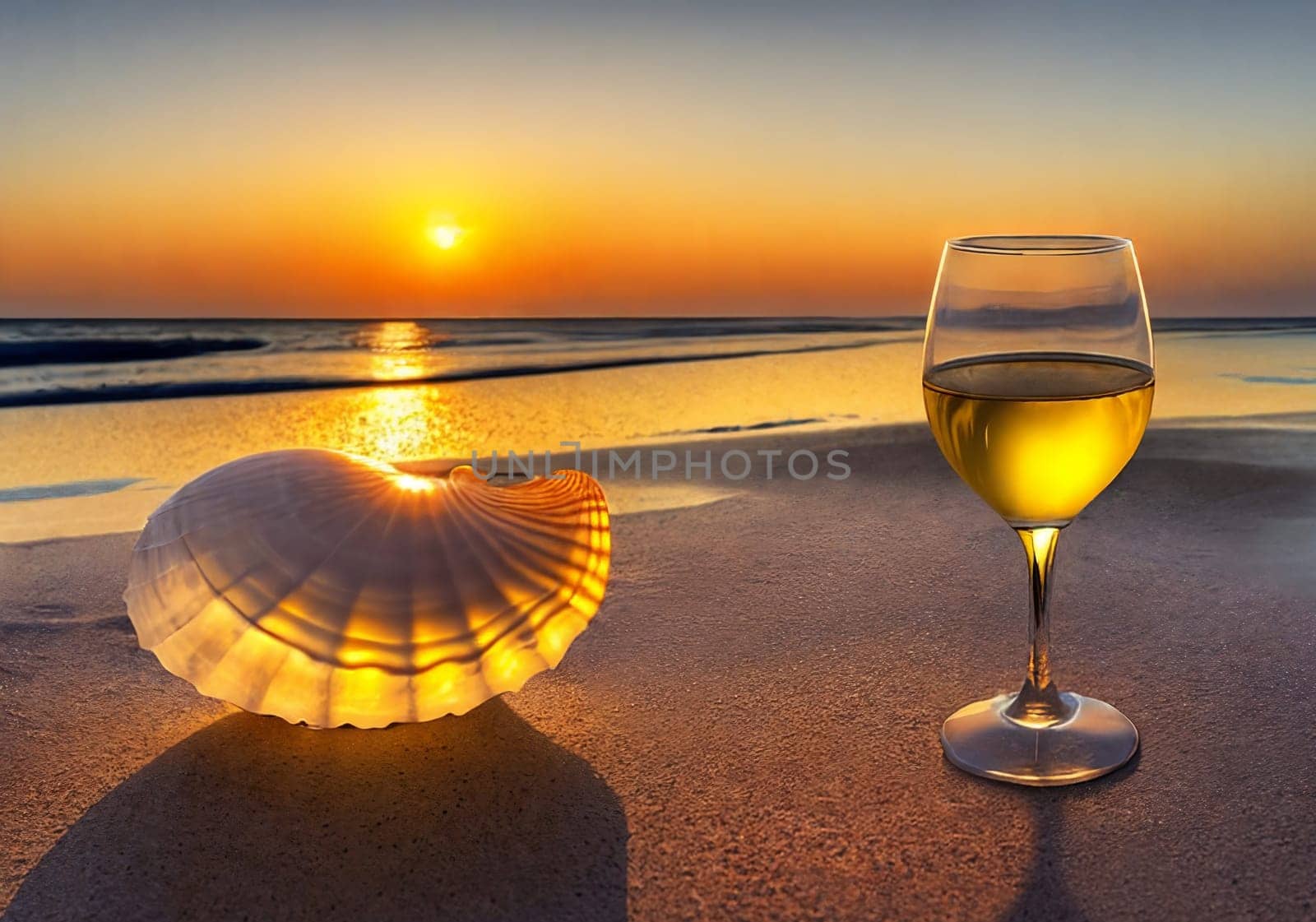 Glass of white wine and seashell on the beach at sunset. Generative AI