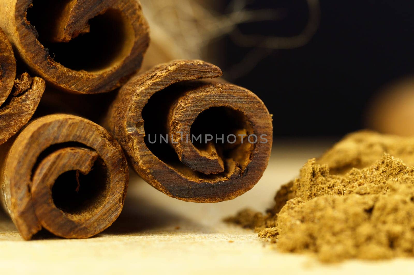 Cinnamon sticks close-up view, Spices with cinnamon. Food cooking concept.