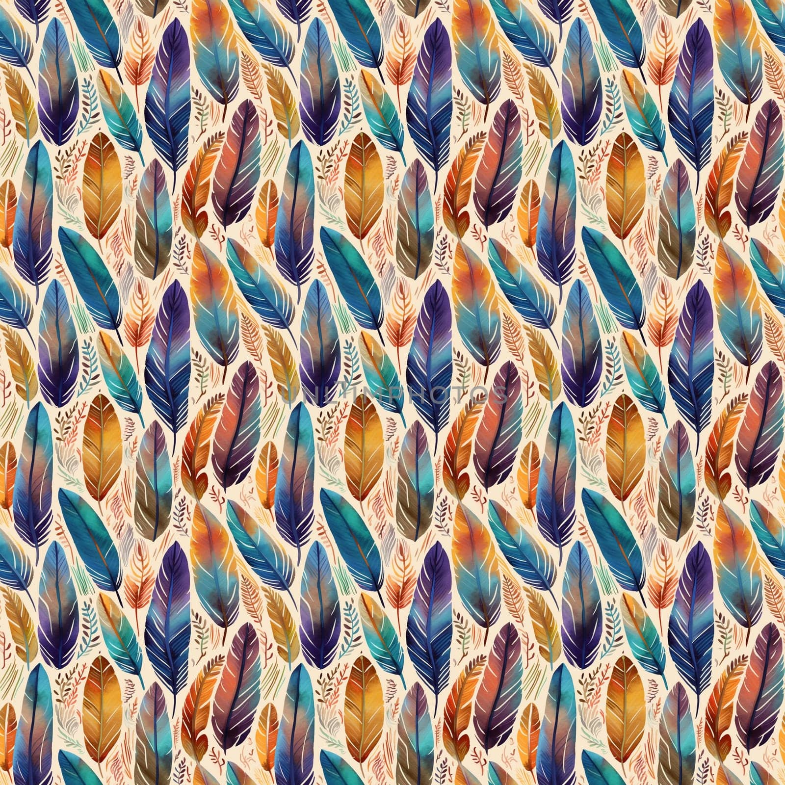 Bird feathers seamless pattern, watercolor illustration. Generative ai by maclura