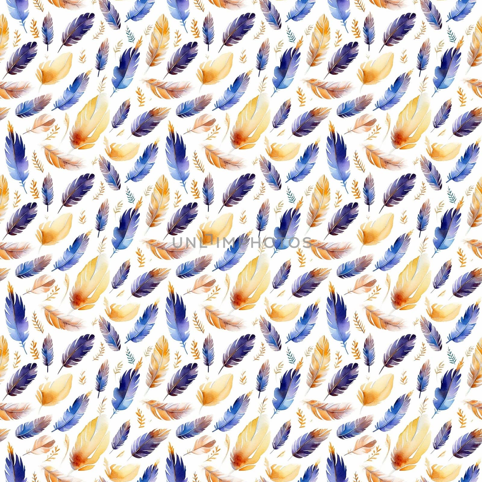 Bird feathers seamless pattern, watercolor illustration. Generative ai by maclura