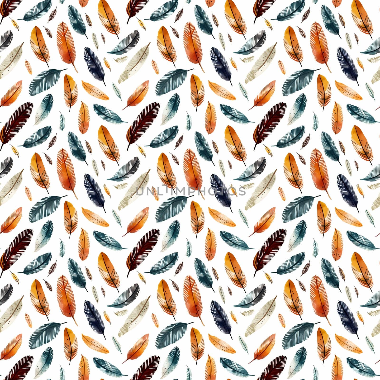 Bird feathers seamless pattern, watercolor illustration. Generative ai by maclura