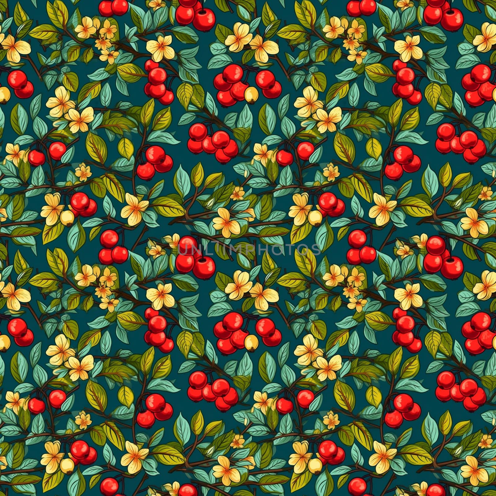 seamless pattern on dark background of flowers leaves and berries. generative ai by maclura