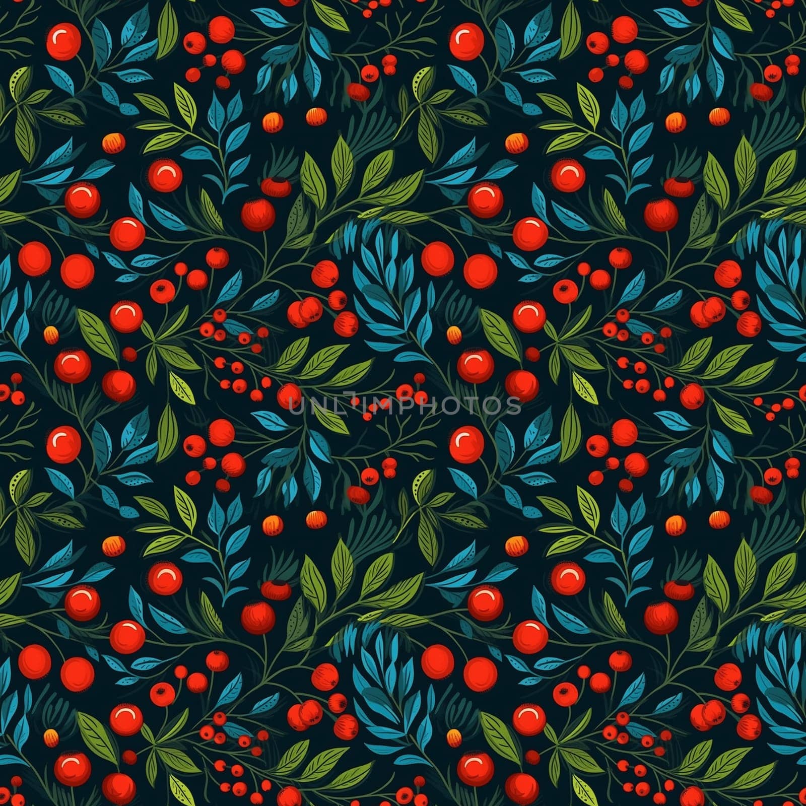 seamless pattern on dark background of flowers leaves and berries. generative ai by maclura