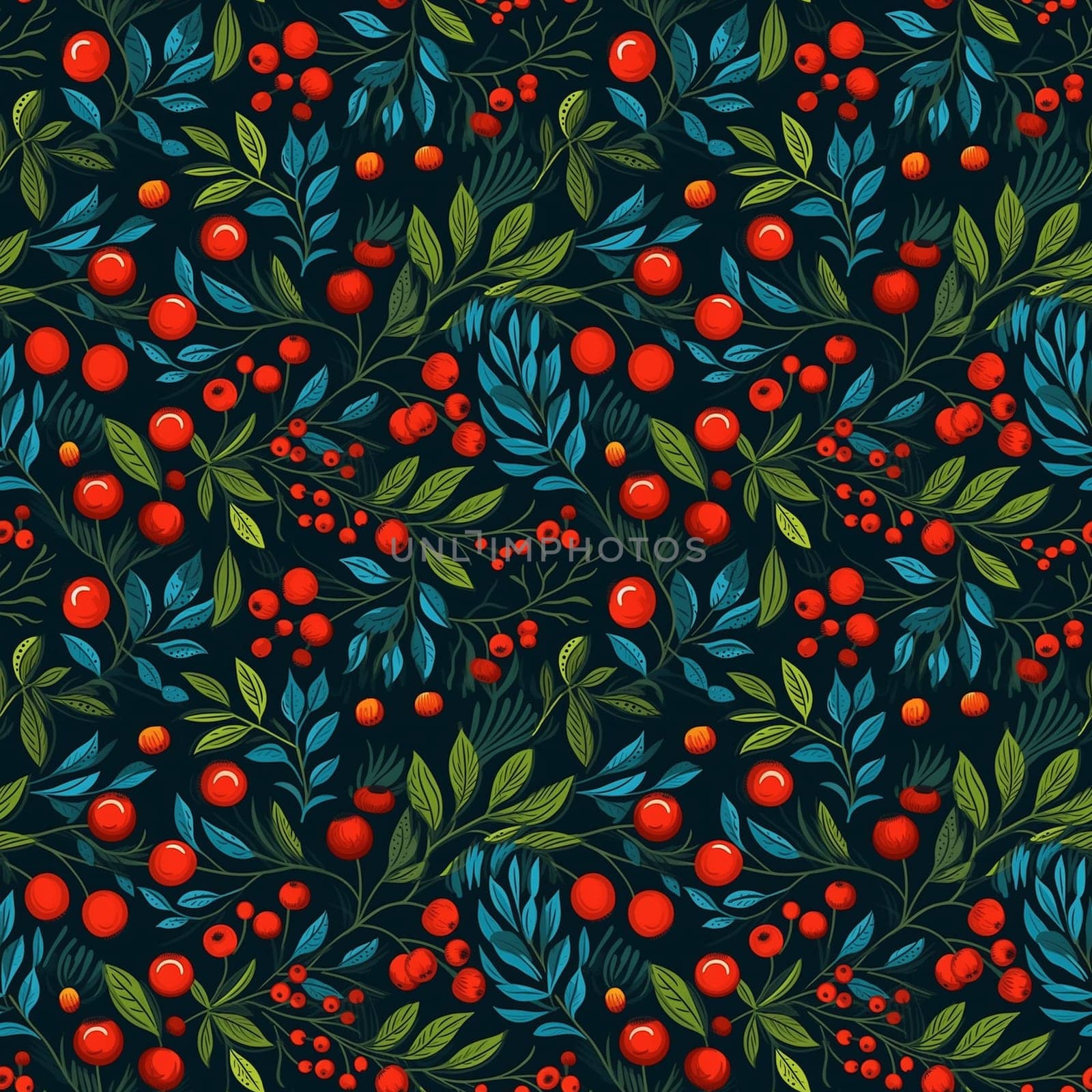 seamless pattern on dark background flowers leaves and berries. generative ai