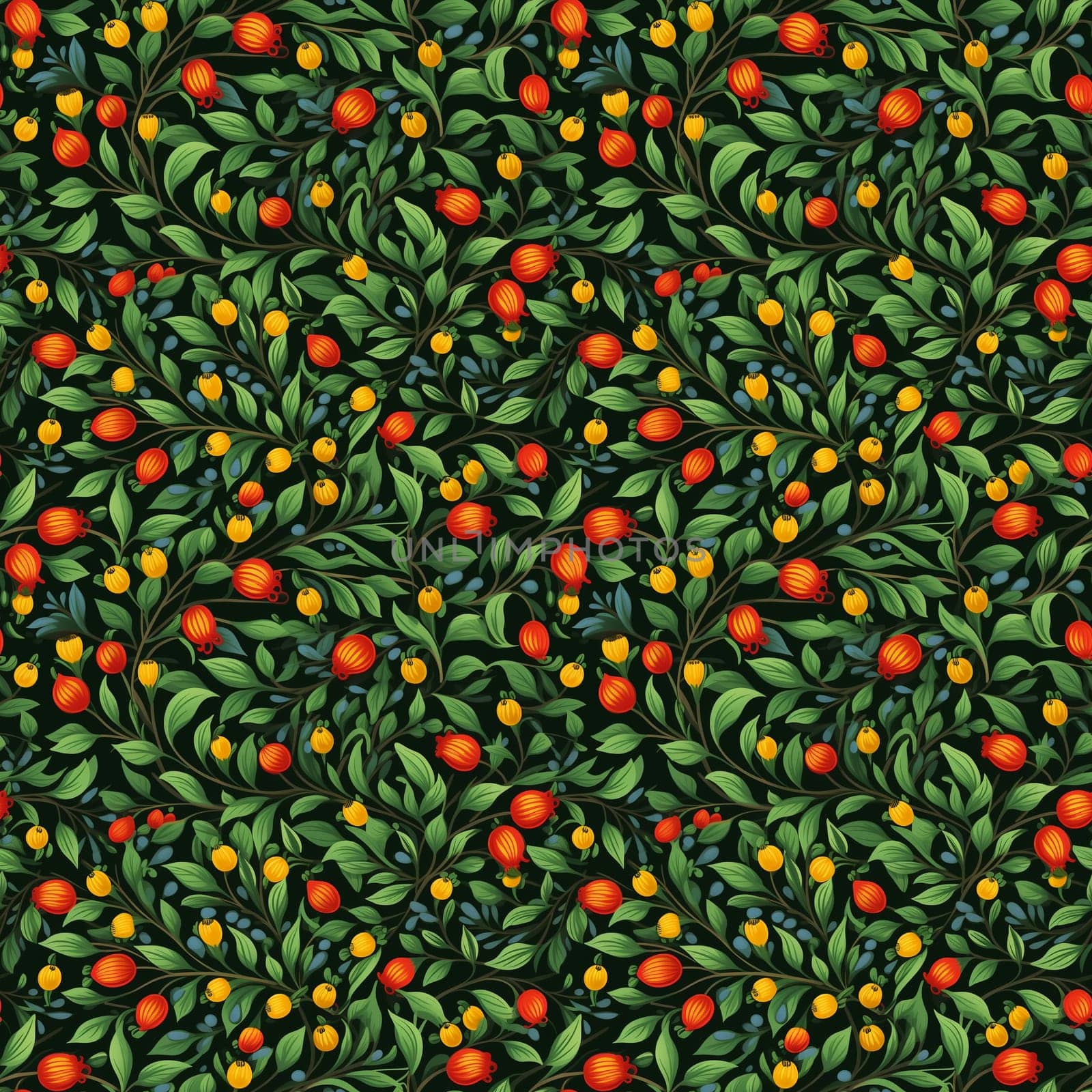 seamless pattern on dark background flowers leaves and berries. generative ai