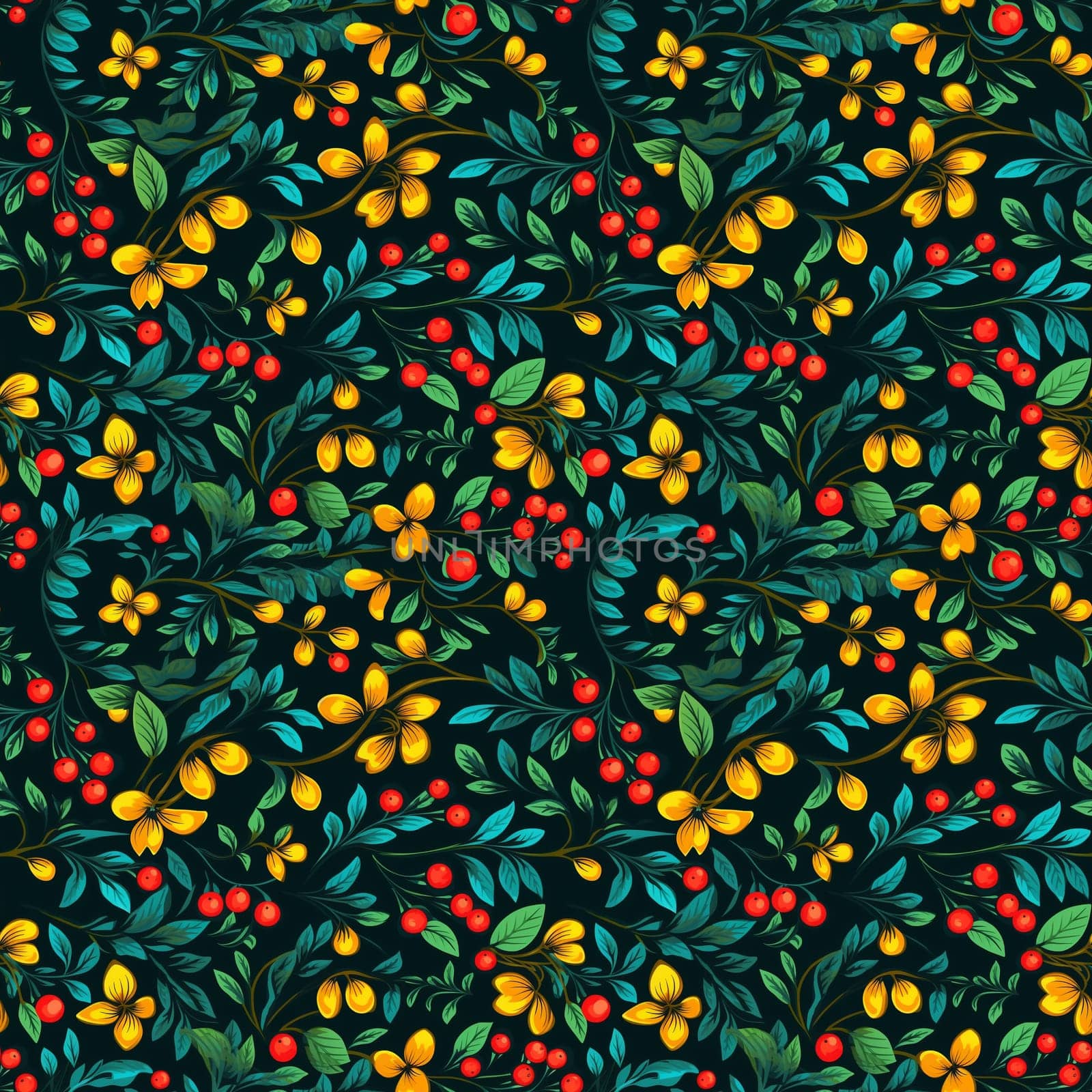 seamless pattern on dark background of flowers leaves and berries. generative ai by maclura